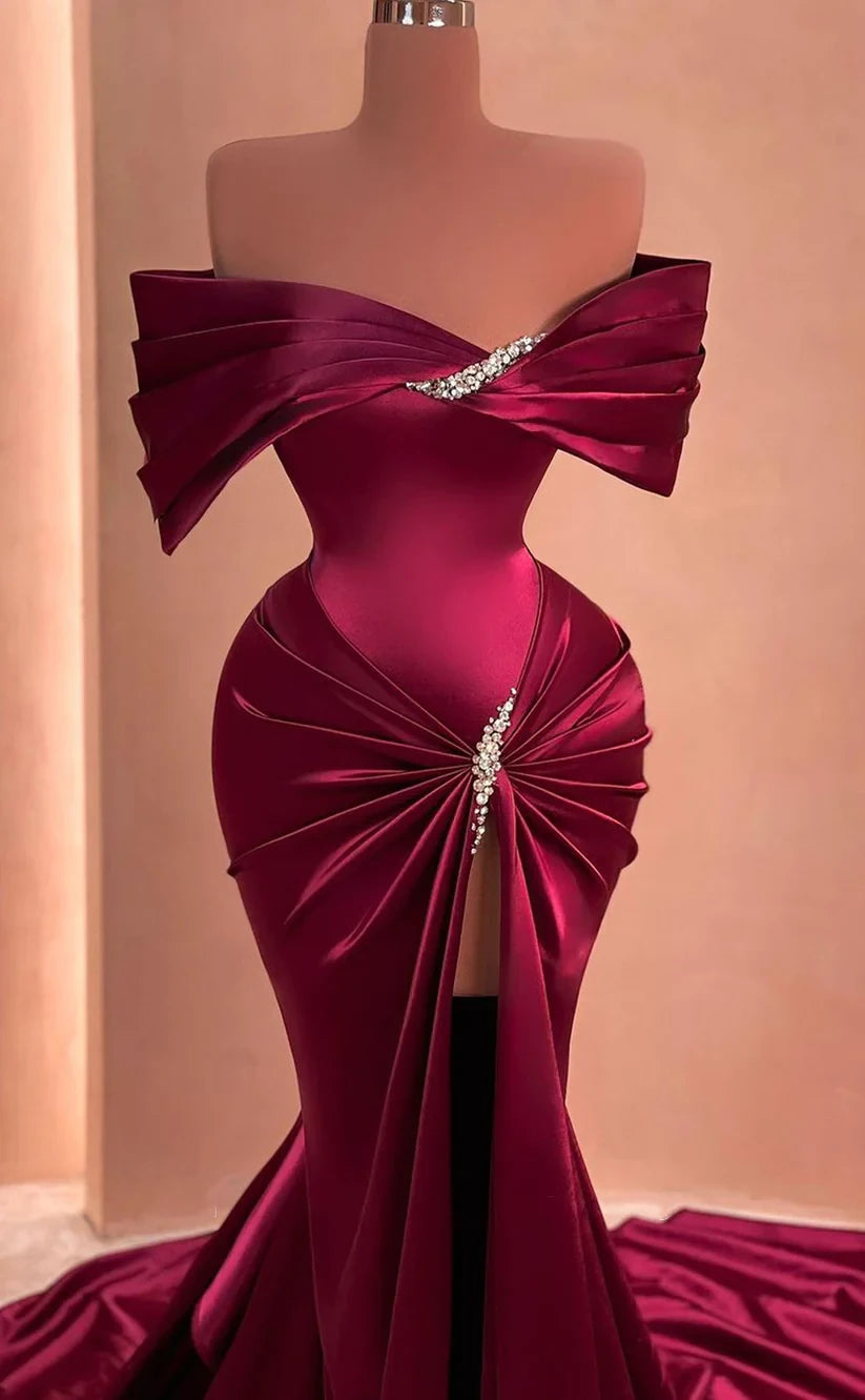 RP491-Gorgeous Burgundy Mermaid Off-the-Shoulder Ruched Beaded Sleeveless Satin Prom Evening Dresses Formal Party Gowns With Slit