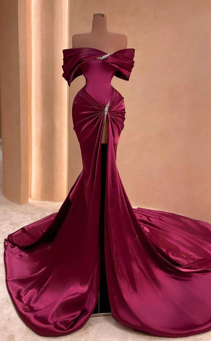 RP491-Gorgeous Burgundy Mermaid Off-the-Shoulder Ruched Beaded Sleeveless Satin Prom Evening Dresses Formal Party Gowns With Slit