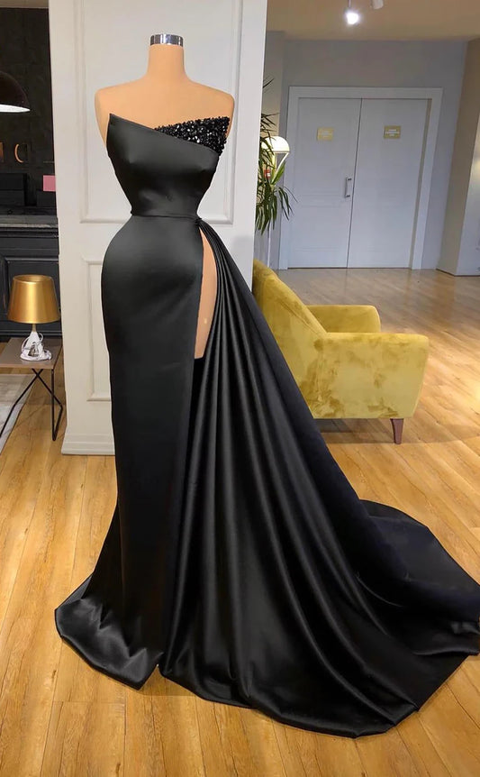 RP501-Elegant Black Mermaid Sweetheart Ruched Sequins Sleeveless Satin Prom Evening Dresses Formal Party Gowns With Side Slit