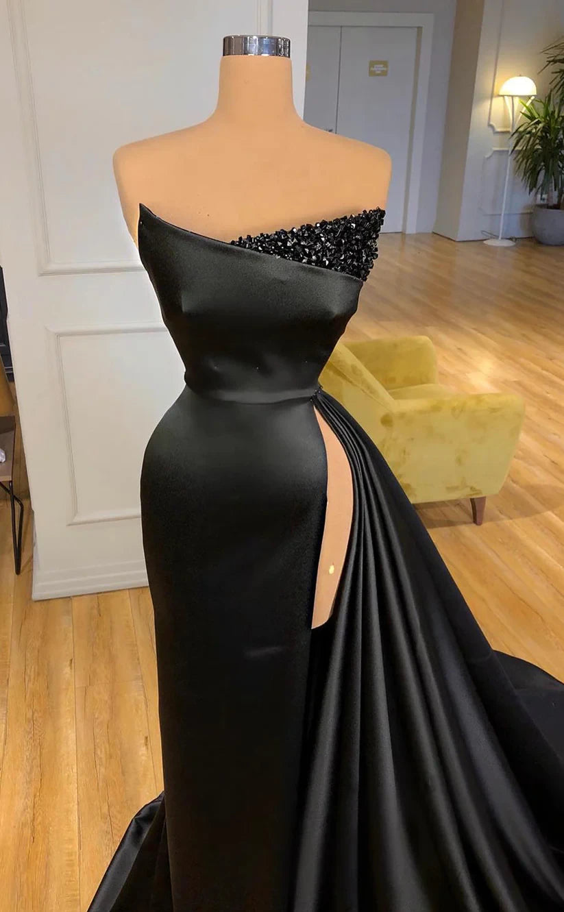 RP501-Elegant Black Mermaid Sweetheart Ruched Sequins Sleeveless Satin Prom Evening Dresses Formal Party Gowns With Side Slit