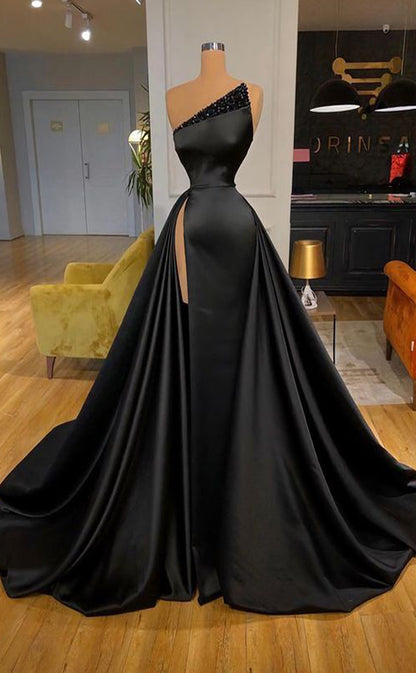 RP492-Elegant Black Mermaid Strapless Ruched Sequins Sleeveless Satin Prom Evening Dresses Formal Party Gowns With Slit