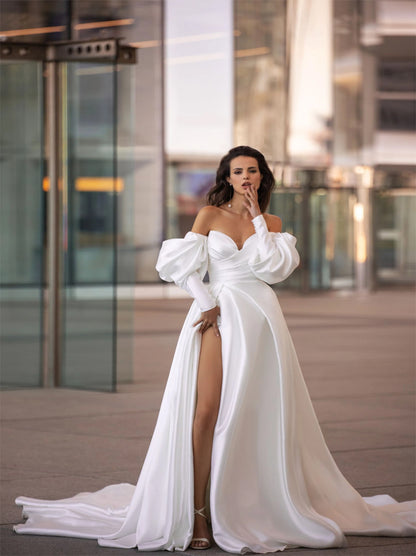 Simple & Elegant A-Line Boho Wedding Dresses Sweetheart Detachable Long Sleeves Satin Sweep Train Bridal Gowns With Slit