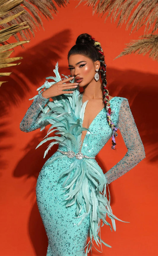 RP309-Luxury Green Mermaid V-Neck Beads Crystals Feathers Long Sleeves Prom Evening Dresses Formal Party Gowns With A Sash