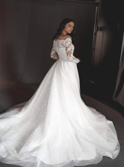 Luxurious A-Line Wedding Dresses Off The Shoulder Illusion Long Sleeves Appliques Beads Court Train Tulle Bridal Gowns Custom Made