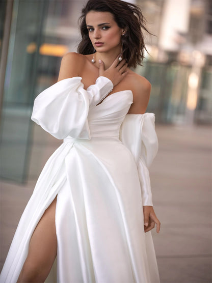 Simple & Elegant A-Line Boho Wedding Dresses Sweetheart Detachable Long Sleeves Satin Sweep Train Bridal Gowns With Slit