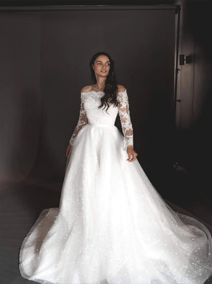 Luxurious A-Line Wedding Dresses Off The Shoulder Illusion Long Sleeves Appliques Beads Court Train Tulle Bridal Gowns Custom Made