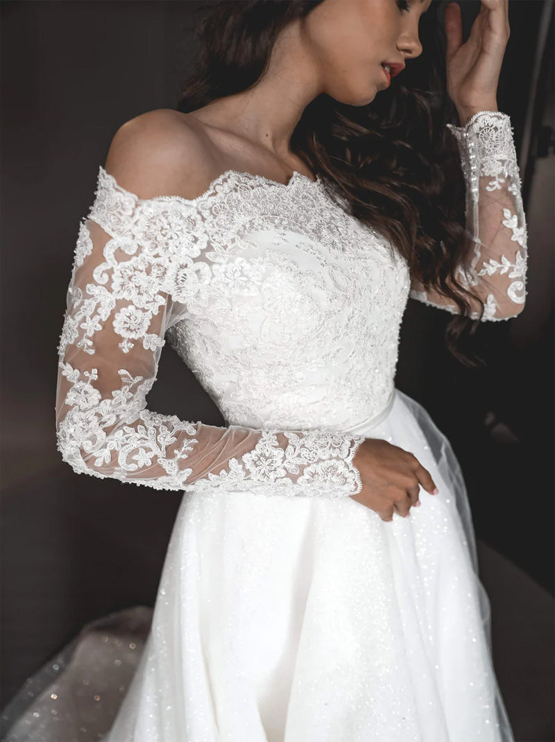 Luxurious A-Line Wedding Dresses Off The Shoulder Illusion Long Sleeves Appliques Beads Court Train Tulle Bridal Gowns Custom Made