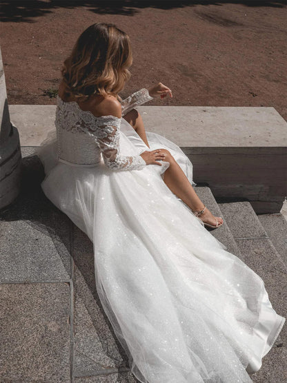 Luxurious A-Line Wedding Dresses Off The Shoulder Illusion Long Sleeves Appliques Beads Court Train Tulle Bridal Gowns Custom Made