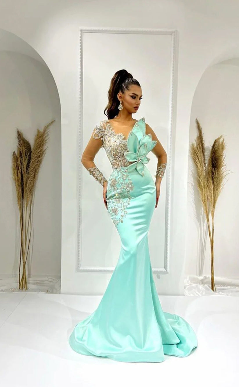 RP307-Gorgeous Aqua Blue Mermaid Illusion Neck Beaded Appliqued Illusion Long Sleeves Prom Evening Dresses Formal Party Gowns With 3D Flowers