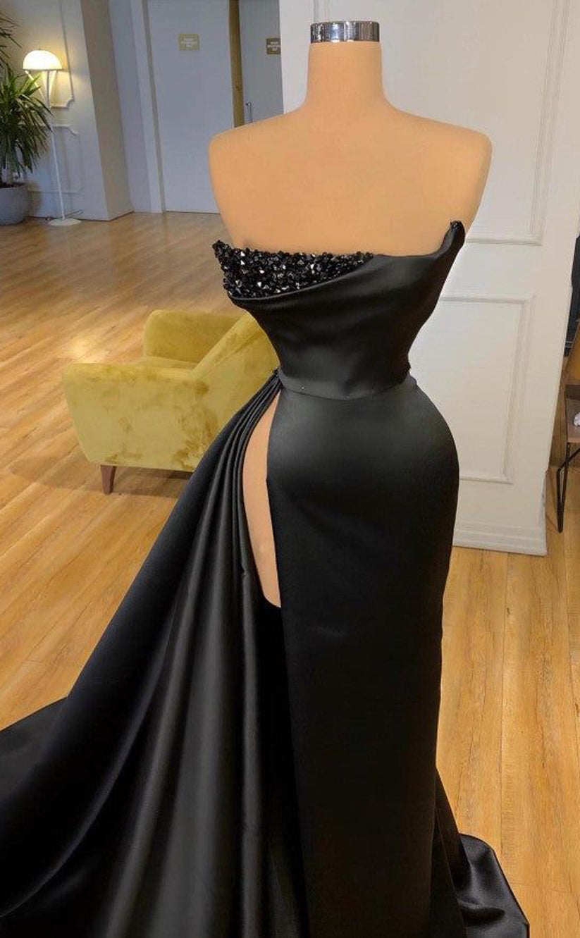 RP493-Elegant Black Mermaid Strapless Ruched Sequins Sleeveless Satin Prom Evening Dresses Formal Party Gowns With Slit