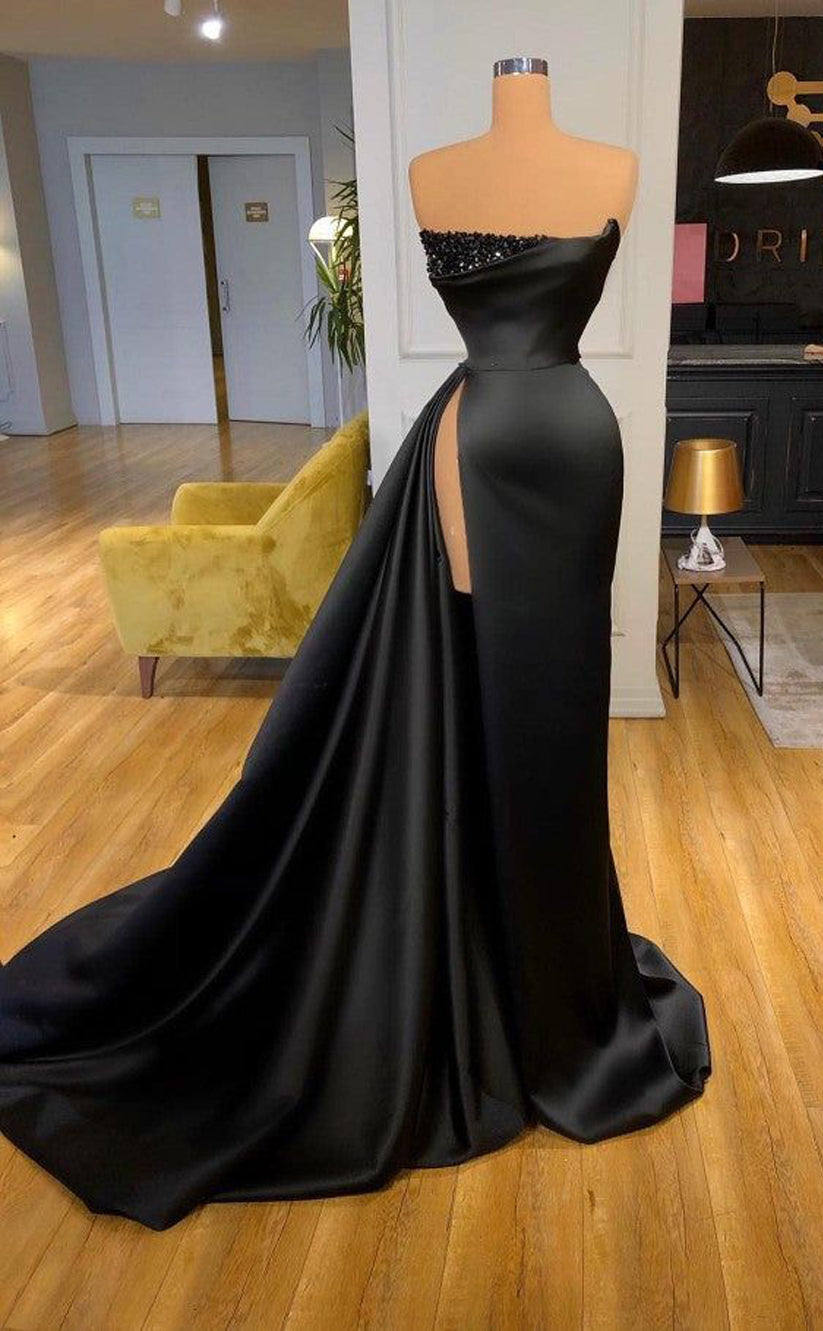 RP493-Elegant Black Mermaid Strapless Ruched Sequins Sleeveless Satin Prom Evening Dresses Formal Party Gowns With Slit