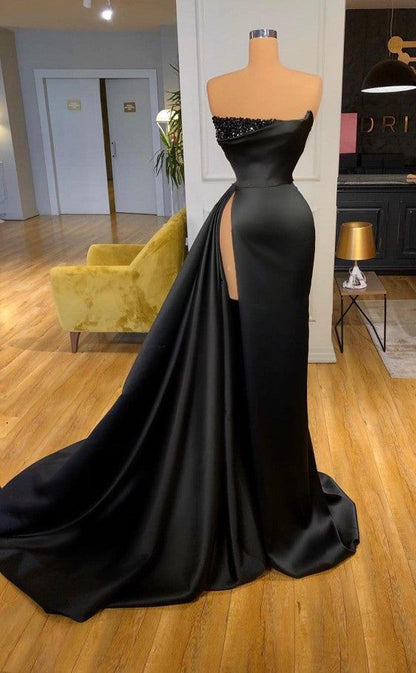 RP493-Elegant Black Mermaid Strapless Ruched Sequins Sleeveless Satin Prom Evening Dresses Formal Party Gowns With Slit