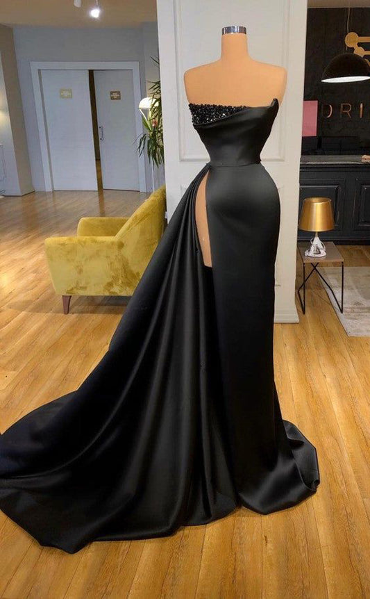 RP493-Elegant Black Mermaid Strapless Ruched Sequins Sleeveless Satin Prom Evening Dresses Formal Party Gowns With Slit