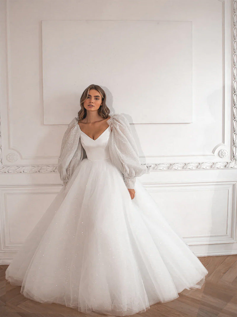 Modern Ball Gown Wedding Dresses Spaghetti Lace Up Sequins Detachable Sleeves Tulle Floor Length Bridal Gowns Custom Made