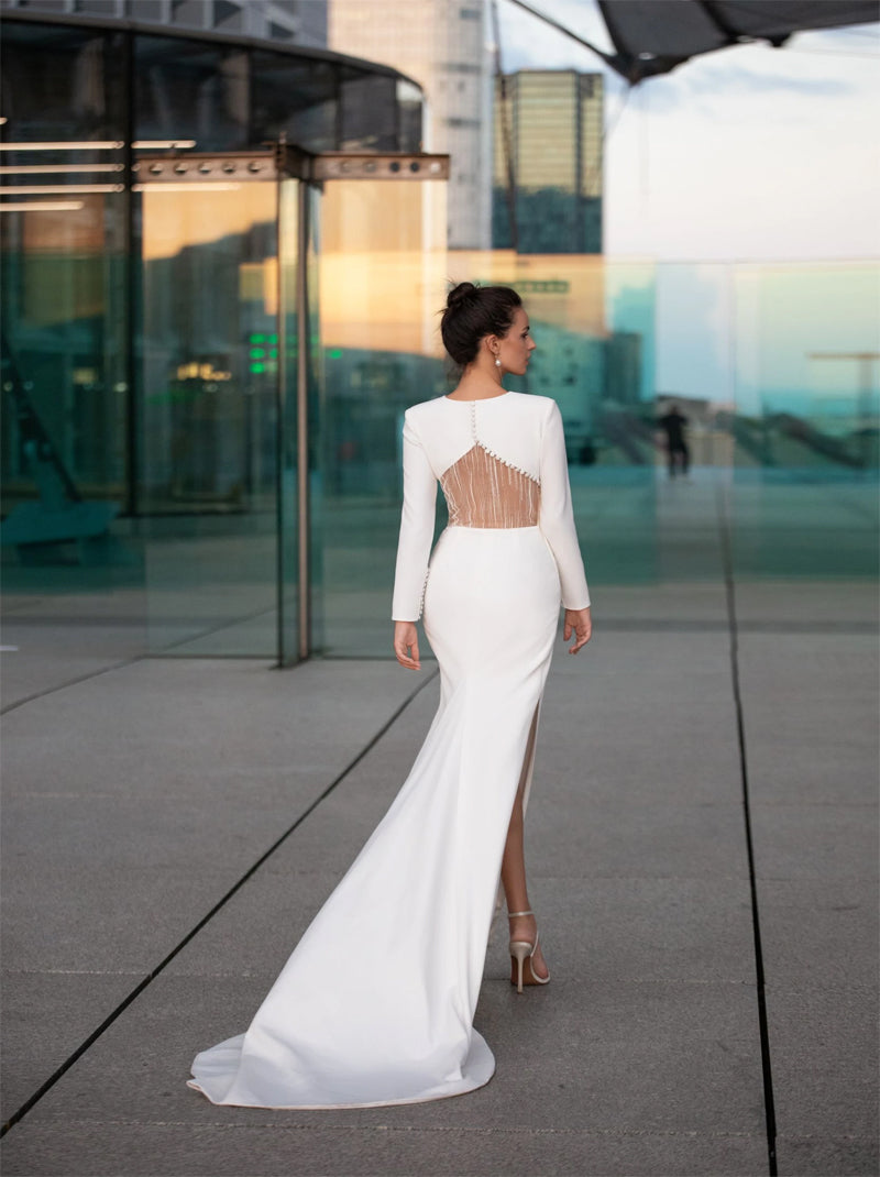 Simple & Elegant Mermaid Wedding Dresses Jewel Long Sleeves Pleated Tassels Satin Sweep Train Bridal Gowns With Slit