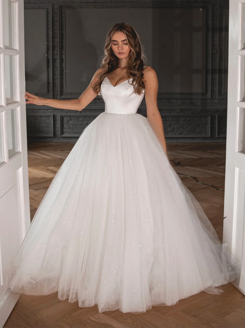 Modern Ball Gown Wedding Dresses Spaghetti Lace Up Sequins Detachable Sleeves Tulle Floor Length Bridal Gowns Custom Made