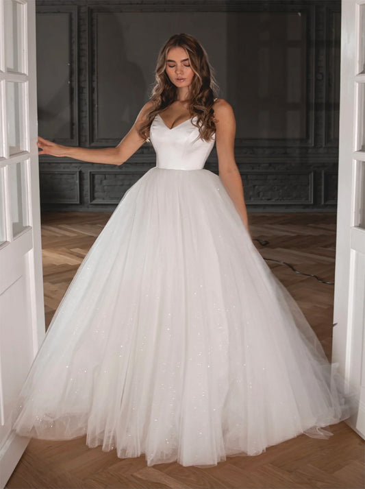 Modern Ball Gown Wedding Dresses Spaghetti Lace Up Sequins Detachable Sleeves Tulle Floor Length Bridal Gowns Custom Made