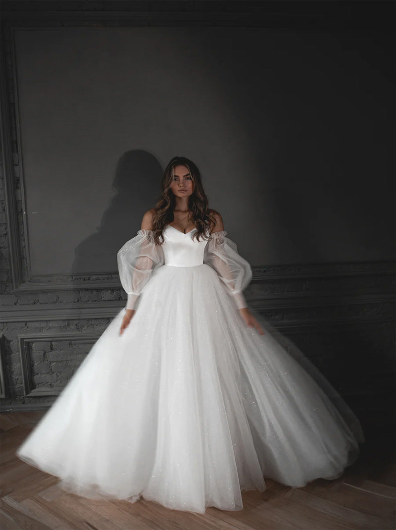 Modern Ball Gown Wedding Dresses Spaghetti Lace Up Sequins Detachable Sleeves Tulle Floor Length Bridal Gowns Custom Made