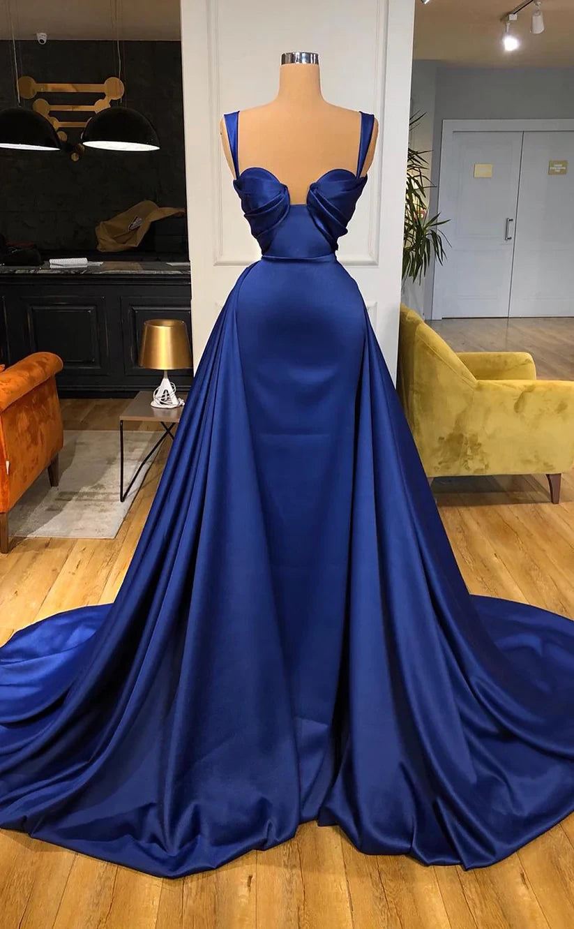 RP494-Gorgeous Royal Blue Mermaid Spaghetti Ruched Sleeveless Satin Prom Evening Dresses Formal Party Gowns