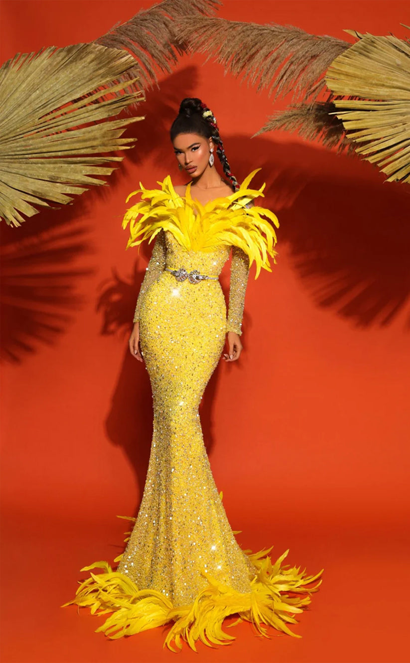 RP308-Luxury Yellow Mermaid V-Neck Beads Crystals Feathers Long Sleeves Prom Evening Dresses Formal Party Gowns With A Sash