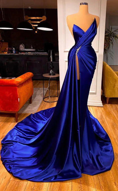 RP495-Gorgeous Royal Blue Mermaid V-Neck Ruched Beaded Sleeveless Satin Prom Evening Dresses Formal Party Gowns With Slit