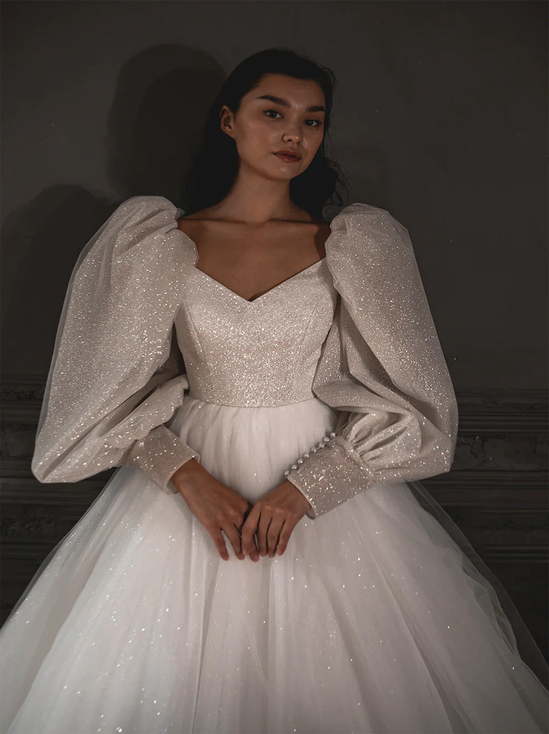 Modern Ball Gown Wedding Dresses Spaghetti Lace Up Sequins Detachable Sleeves Tulle Floor Length Bridal Gowns Custom Made