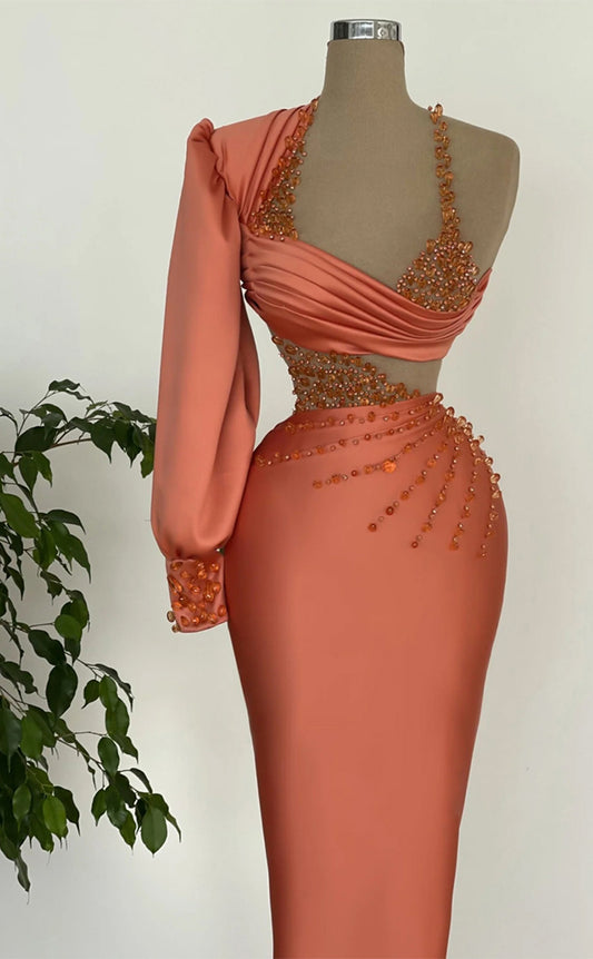 RP305-Modern Mermaid Halter Beads Crystals One Long Sleeve Backless Prom Evening Dresses Formal Party Gowns