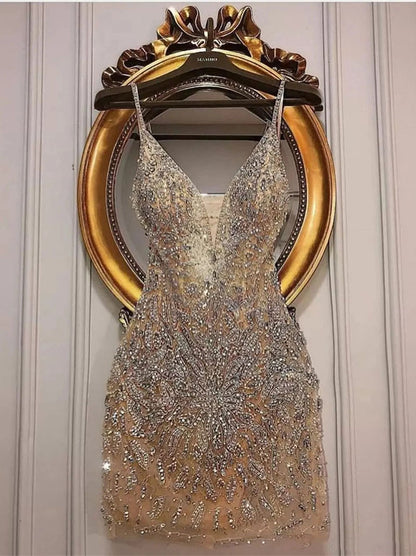 Sexy Sparkling Champagne Luxurious Beaded Crystals Appliques Spaghetti Sheath  Homecoming Dresses Graduation Stunning Short Tulle Cocktail Party Gowns robes