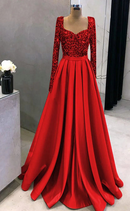RP049-Elegant A-Line Sweetheart Long Sleeves Beads Sequins Side Slit Lace up Back Long Satin Prom Dresses With Pockets Evening Party Gowns