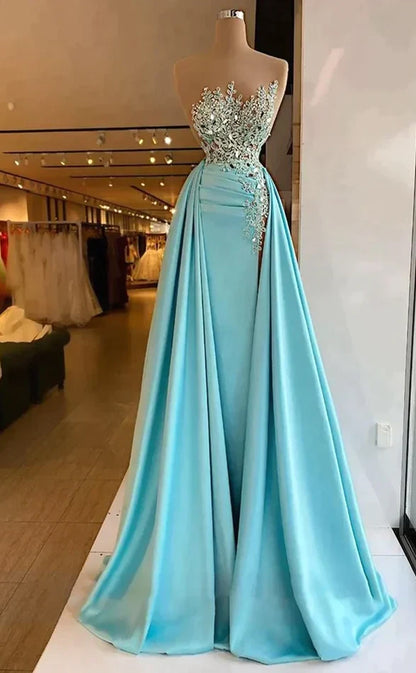 RP364-Sky Blue Mermaid Strapless Beaded Appliqued Pleated Prom Evening Dresses Formal Party Gowns