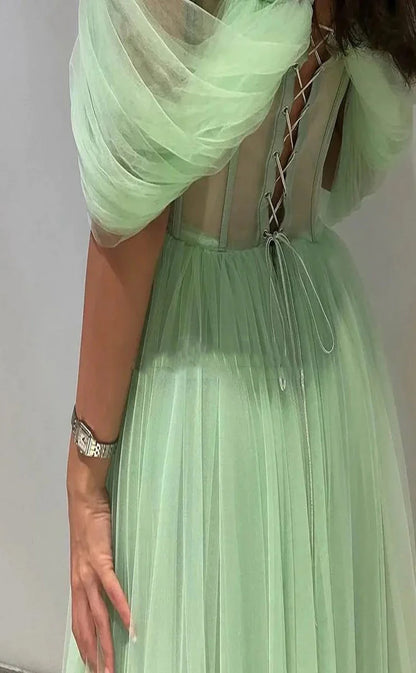 RP027-Mint A-Line Sweetheart Off the Shoulder Beads Crystals Lace up Back Tulle Tea Lenght Formal Prom Cocktail Dresses Party Gowns