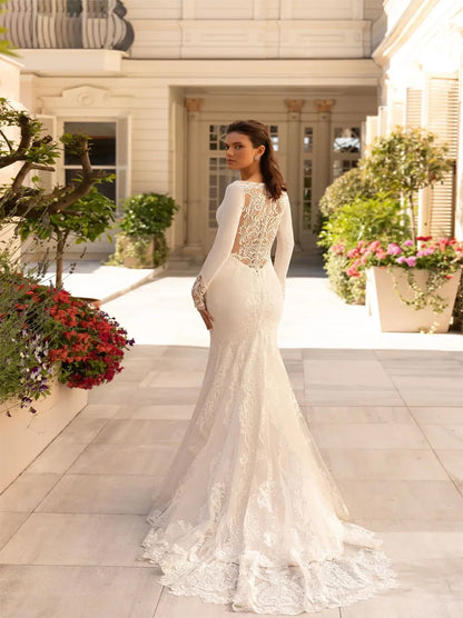 Simple & Elegant Mermaid Wedding Dresses Scoop Appliqued Long Sleeves Satin Sweep Train Bridal Gowns Custom