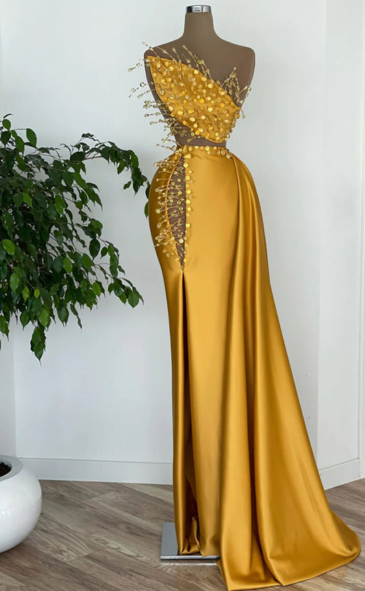 RP302-Elegant Sheath/Column Strapless Beads Rhinestones Sleeveless Prom Evening Dresses Formal Party Gowns With Slit