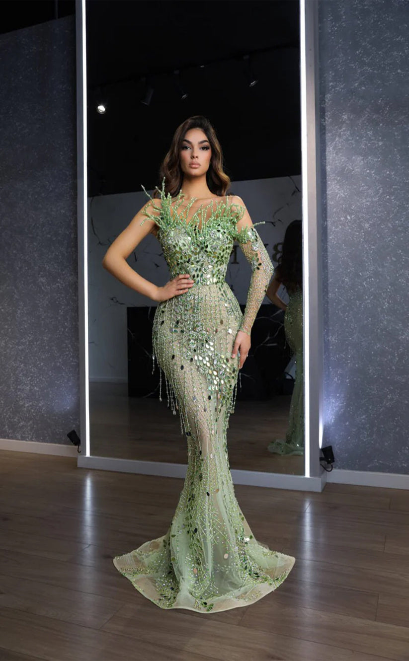 RP303-Luxury Grass Green Mermaid Strapless Beads Crystals Tassel One Long Sleeve Prom Evening Dresses Formal Party Gowns With Detachable Train