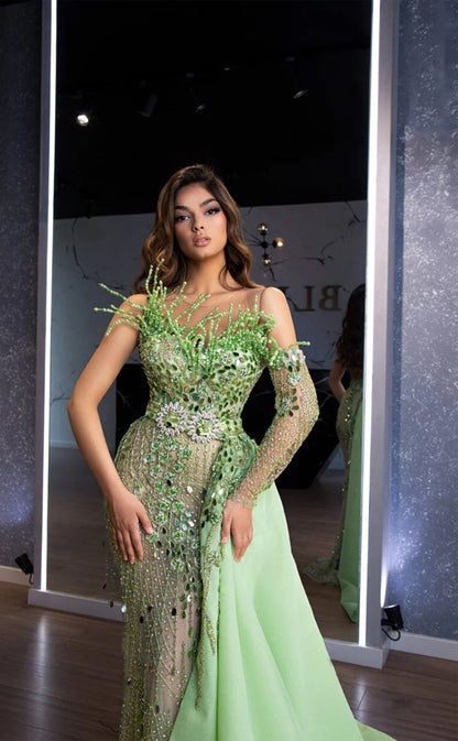 RP303-Luxury Grass Green Mermaid Strapless Beads Crystals Tassel One Long Sleeve Prom Evening Dresses Formal Party Gowns With Detachable Train