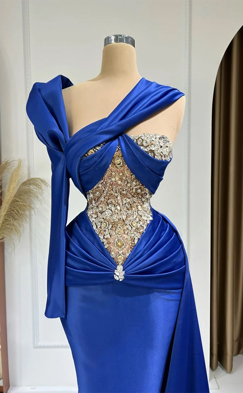 RP299-Classic Royal Blue Mermaid One Shoulder Beads Crystals Pleated One Long Sleeve Prom Evening Dresses Formal Party Gowns With Train
