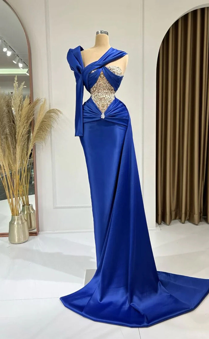 RP299-Classic Royal Blue Mermaid One Shoulder Beads Crystals Pleated One Long Sleeve Prom Evening Dresses Formal Party Gowns With Train