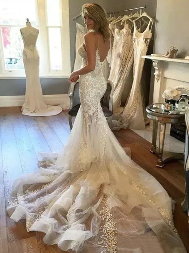 Sexy Mermaid Wedding Dresses Spaghetti Appliques Lace Sleeveless Covered Buttons Tulle Sweep Train Bridal Gowns Custom Made