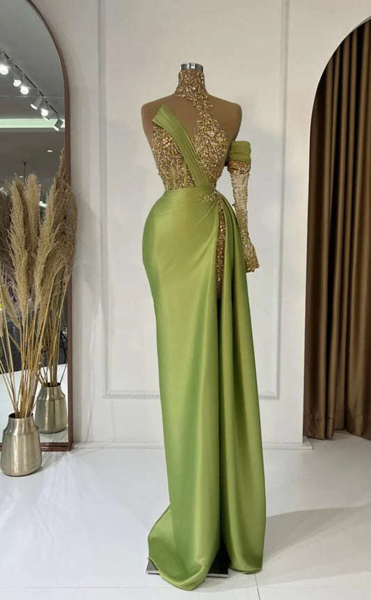 RP297-Elegant Sheath/Column High Neck Beads Sequined One Long Sleeve Prom Evening Dresses Formal Party Gowns With Slit