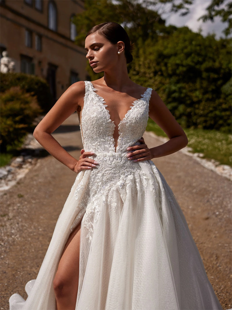 Ordinary & Elegant A-Line Boho Wedding Dresses Spaghetti Appliqued Satin Sweep Train Bridal Gowns With Slit