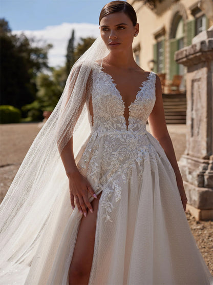 Ordinary & Elegant A-Line Boho Wedding Dresses Spaghetti Appliqued Satin Sweep Train Bridal Gowns With Slit