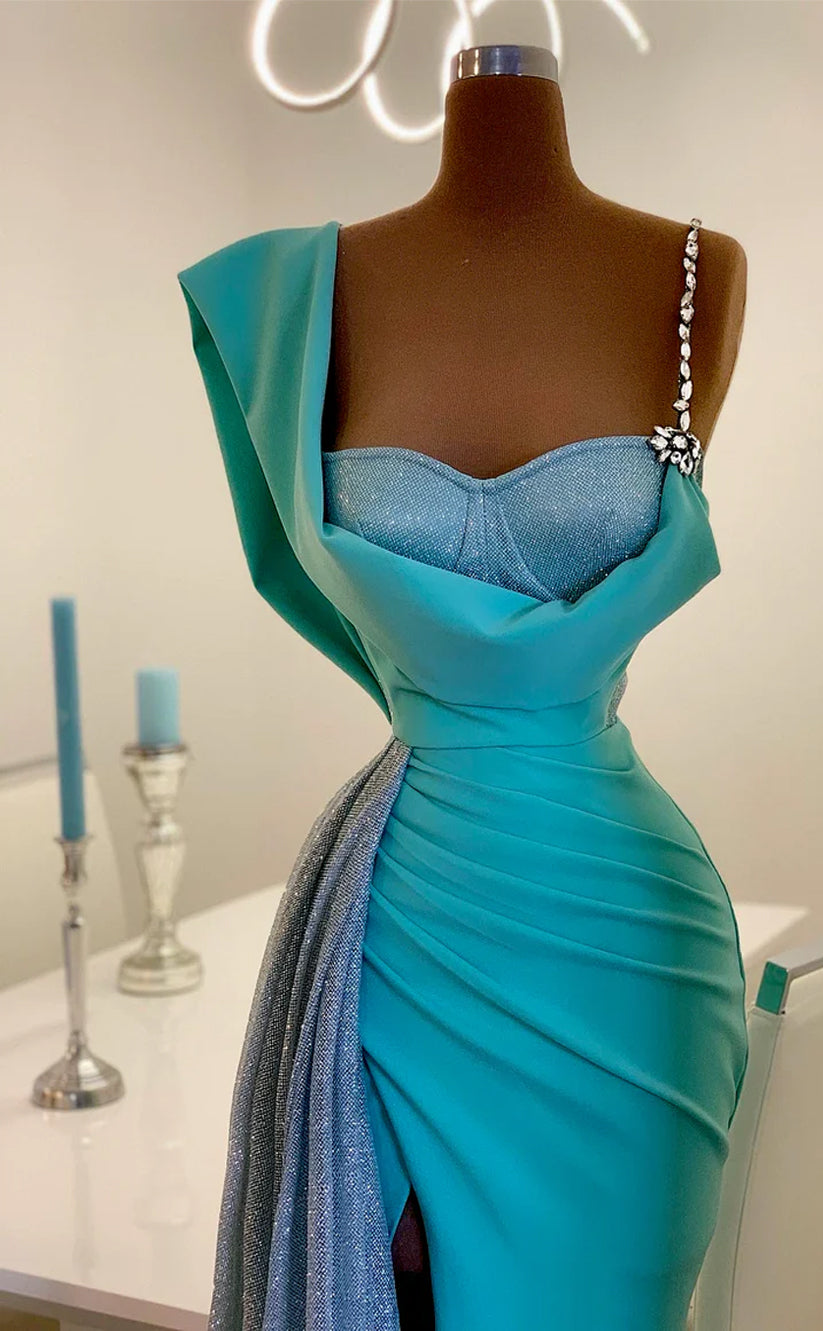 RP507-Charming Turquoise Mermaid Spaghetti Ruched Sequins Crystals Satin Long Prom Evening Dresses Formal Party Gowns With High Split