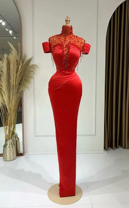 RP296-Classic Red Mermaid High Neck Beads Sequined Cap Sleeves Prom Evening Dresses Formal Party Gowns With Pleat