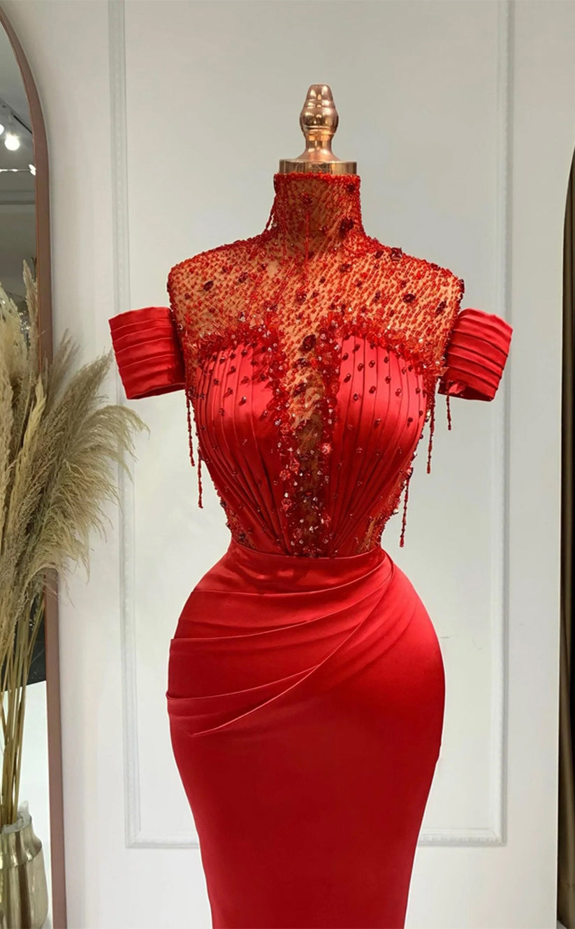 RP296-Classic Red Mermaid High Neck Beads Sequined Cap Sleeves Prom Evening Dresses Formal Party Gowns With Pleat