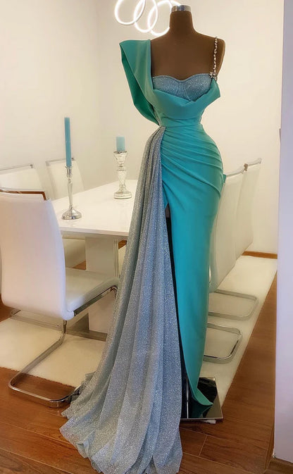 RP507-Charming Turquoise Mermaid Spaghetti Ruched Sequins Crystals Satin Long Prom Evening Dresses Formal Party Gowns With High Split