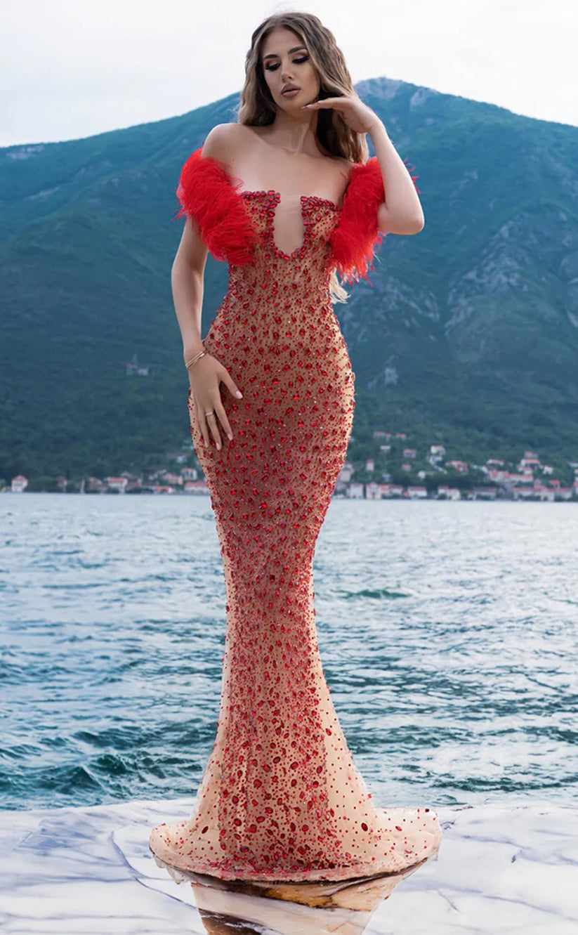RP295-Luxury Mermaid Strapless Beads Crystals Tulle Prom Evening Dresses Formal Party Gowns With A Detachable Wrap