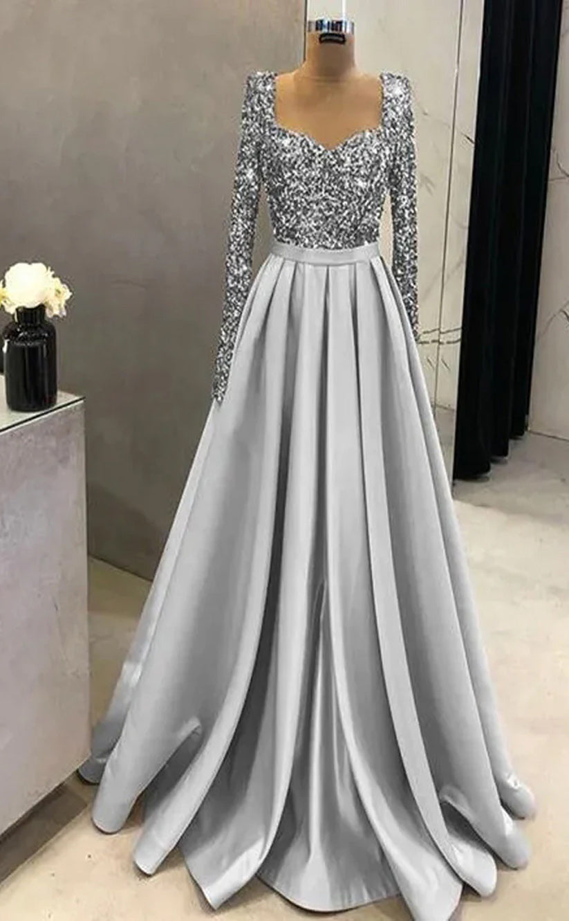 RP049-Elegant A-Line Sweetheart Long Sleeves Beads Sequins Side Slit Lace up Back Long Satin Prom Dresses With Pockets Evening Party Gowns