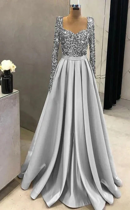 RP049-Elegant A-Line Sweetheart Long Sleeves Beads Sequins Side Slit Lace up Back Long Satin Prom Dresses With Pockets Evening Party Gowns