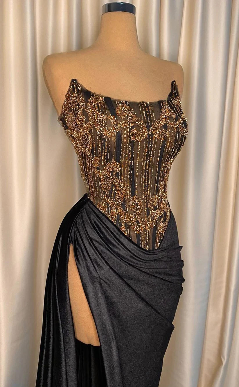 RP365-Elegant Black Sheath/Column Strapless Pleated Beaded Sleeveless Prom Evening Dresses Formal Party Gowns With Slit