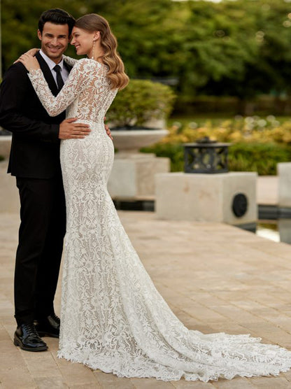 Elegant Mermaid Wedding Dresses Scoop Long Sleeves Buttons Back Lace Sweep Train Bridal Gowns